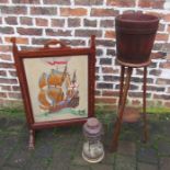 Barrel plant stand, fire screen (missing glass) & tilley lamp