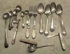 Mother of pearl and silver fruit knife, various silver plated cutlery & a silver teaspoon