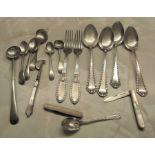 Mother of pearl and silver fruit knife, various silver plated cutlery & a silver teaspoon