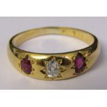 Tested as 18ct gold ruby and diamond gypsy ring (diamond 0.20 ct) size N/O weight 3.5 g