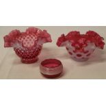 2 Fenton art glass cranberry coin spot dishes with frilled rims & small cranberry pot with ribbed