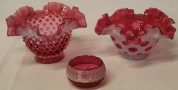 2 Fenton art glass cranberry coin spot dishes with frilled rims & small cranberry pot with ribbed