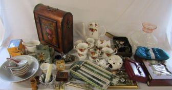 2 boxes of various ceramics inc Royal Albert, jade style chopsticks, pestle and mortar, wine box