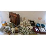 2 boxes of various ceramics inc Royal Albert, jade style chopsticks, pestle and mortar, wine box