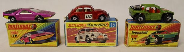 3 Matchbox vehicles :- Superfast No. 13 Baja Buggy, No. 15 Volkswagen & No. 75 Alfa Carabo