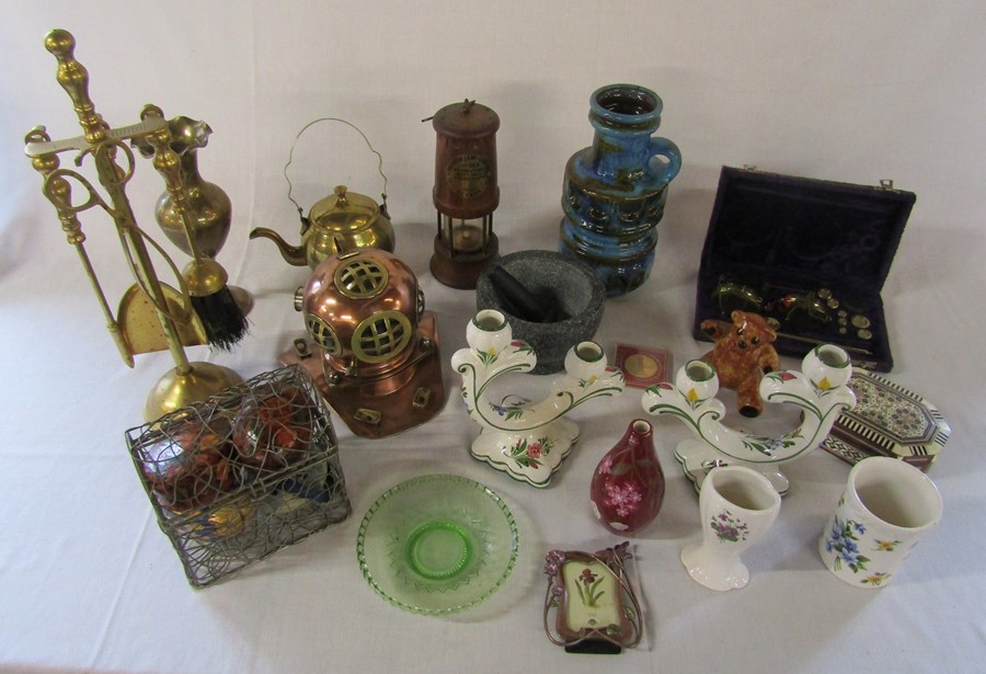 Assorted brassware inc fire companion set, miners lamp, ceramics and scales etc