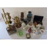 Assorted brassware inc fire companion set, miners lamp, ceramics and scales etc
