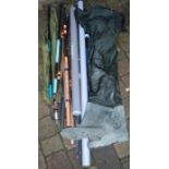 Collection of fishing rods & a pair of size 10 waders