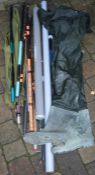 Collection of fishing rods & a pair of size 10 waders