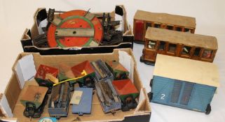 Hornby Series Meccano tinplate turntable, quantity of metal track, 2 hand-built carriages & wagon