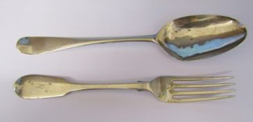 Georgian silver spoon (hallmarks indistinguishable) weight 1.08 ozt & a Victorian fork London 1842