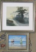 Framed watercolour 'Blue morning lane' by M Wrigglesworth 51 cm x 47 cm & a framed oil on board by A