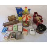 Assorted toys inc teddy bear, marbles, tin plate, playing cards etc