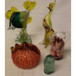 Hand blown glass pumpkin, small green glass dump with central flower (chip to base), decorative fish