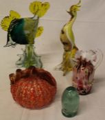 Hand blown glass pumpkin, small green glass dump with central flower (chip to base), decorative fish