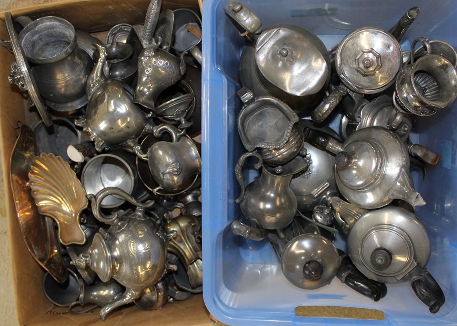 2 boxes of pewter & silver-plated tankards, teapots etc.