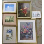 Selection of framed prints inc floral still life by Albert Williams, beach scene by E Van