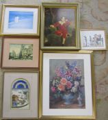 Selection of framed prints inc floral still life by Albert Williams, beach scene by E Van