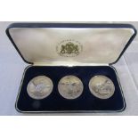 Cased set of 3 hallmarked silver London 1970 commemorative coins - 350th anniversary sailing coins -