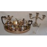 4 piece silver plate tea set with inscription, silver plate candlestick, tray & a candle snuffer