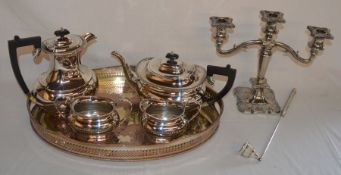 4 piece silver plate tea set with inscription, silver plate candlestick, tray & a candle snuffer