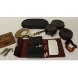 Late nineteenth century vanity case, Meerschaum pipe, 2 whistles, carved wooden stands etc