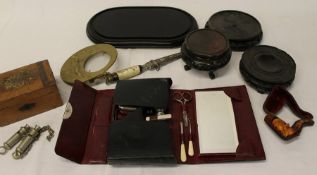 Late nineteenth century vanity case, Meerschaum pipe, 2 whistles, carved wooden stands etc