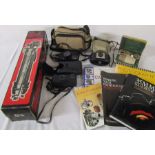 Various camera equipment and books inc Stitz tripod, Canon auto focus, Ricoh and Kodak Brownie 127