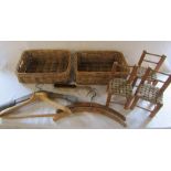 Wicker baskets, miniature / dolls wicker chairs, vintage wooden coat hangers etc