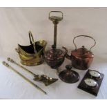 Various brass and copper inc coal bucket, ash tray, samovar (needs reattaching), clock etc