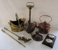 Various brass and copper inc coal bucket, ash tray, samovar (needs reattaching), clock etc