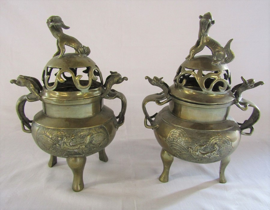 Near pair of Chinese brass incense burners  H 25 cm