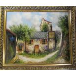 Gilt framed oil on canvas of a rural French bar signed R Callade 85 cm x 71 cm (size including