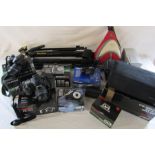 Various camera equipment inc kodak tripod, Pentax K10D, Sigma 170-500 mm F5-6.3 lens, fuji film