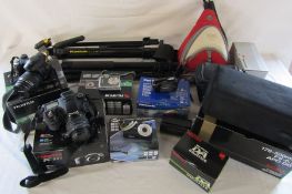 Various camera equipment inc kodak tripod, Pentax K10D, Sigma 170-500 mm F5-6.3 lens, fuji film