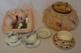 1930's glass light shade, dressing table set (af) etc