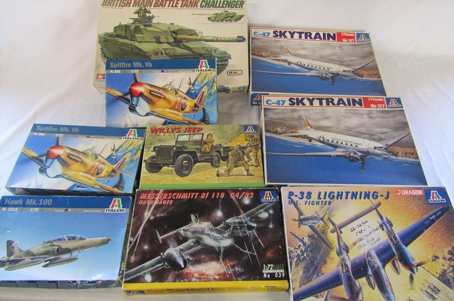 9 Italerie model kits inc Spitfire Mk vb, Hawk Mk 100, British main battle tank Challenger, C-47 Sky