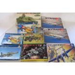 9 Italerie model kits inc Spitfire Mk vb, Hawk Mk 100, British main battle tank Challenger, C-47 Sky
