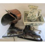 American Bird ivory ware jug and bowl (af), coal scuttle and pair of Polar ice skates