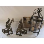 Pair of fire dogs, ceiling light & set of 4 lamp shades