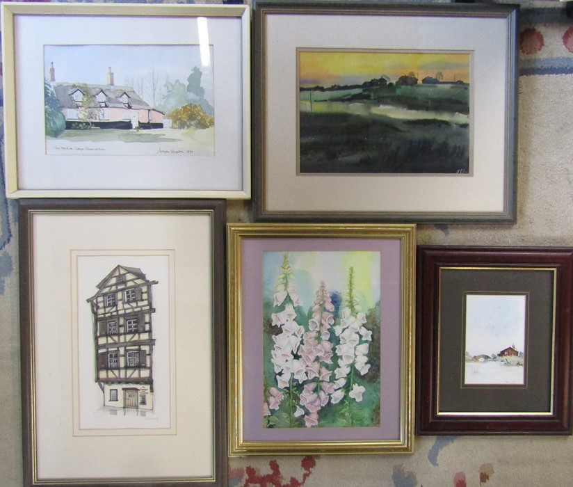 Selection of assorted framed watercolours inc The Old Hall Cottage Garboldisham by Marjorie Wrighton