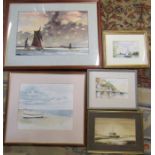 5 framed watercolours of yachts and mooring scenes etc inc Jennifer Smith, Arthur Watson and R G