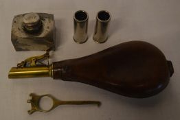 Army & Navy 12 bore snap caps, Army & Navy oil bottle, 19th century shot flask & a 12 bore cartridge