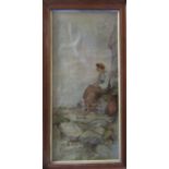 Framed and glazed vintage painting of a young woman looking out to sea (slight damage to canvas)