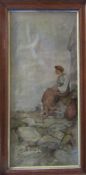 Framed and glazed vintage painting of a young woman looking out to sea (slight damage to canvas)