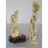 2 Meiji period ivory okimono of a man standing on a rock mounted on a wooden base H 17.5 cm & a
