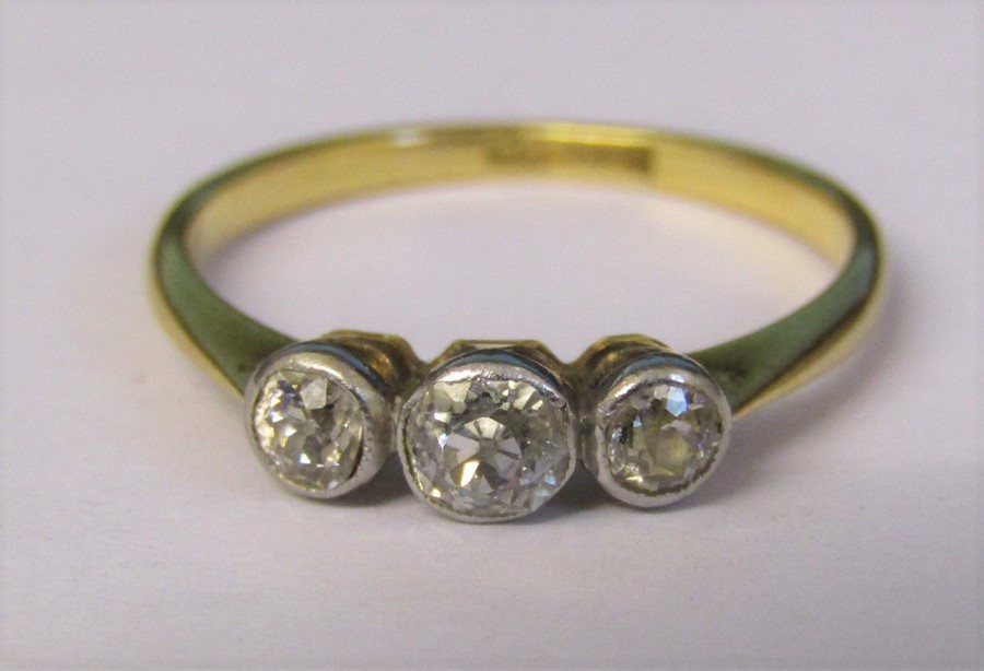 18ct gold diamond trilogy ring, central stone 0.12 ct outer stones 0.08 ct total weight 1.8 g size