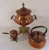 Copper samovar, kettle and miniature warming pan