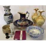 Edwardian jug & bowl, large crackle glaze vase, pair of campana vases, glassware (not in photo) flan