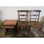 Nest of tables with hammered copper top & 2 rail back rush seated chairs
